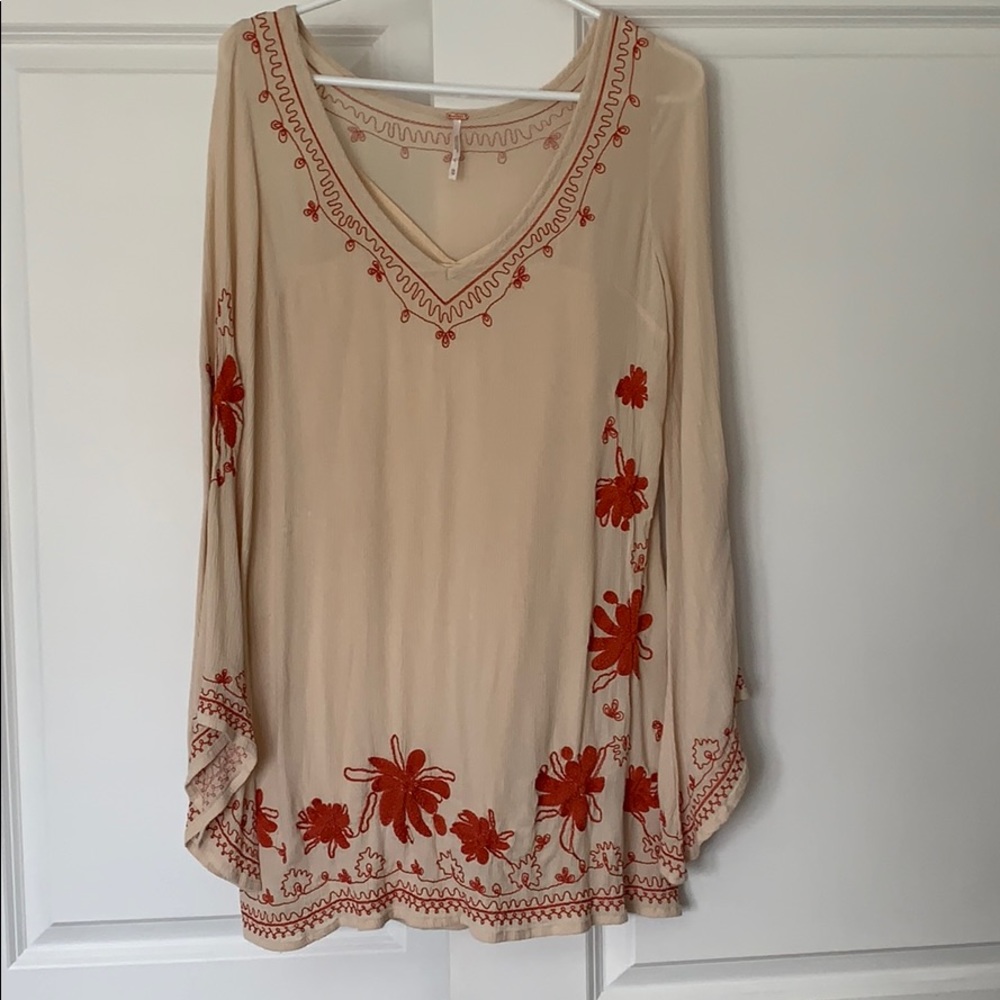 Free People Cream Tunic Dress with Red Floral Embroidery
